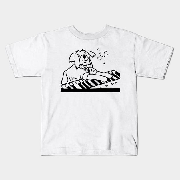 Funny Dog Plays Music on Piano Keyboard Line Drawing Kids T-Shirt by ellenhenryart